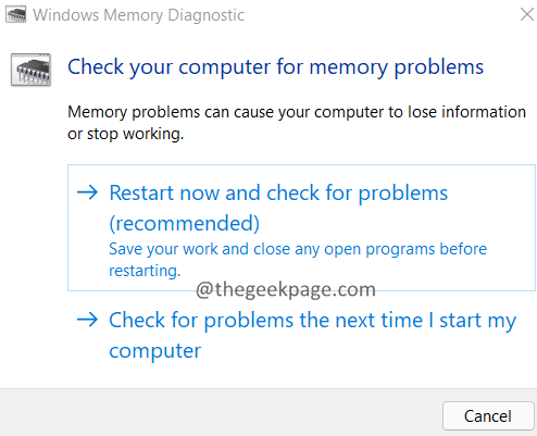 Reiniciar ahora Diagnóstico de memoria de Windows
