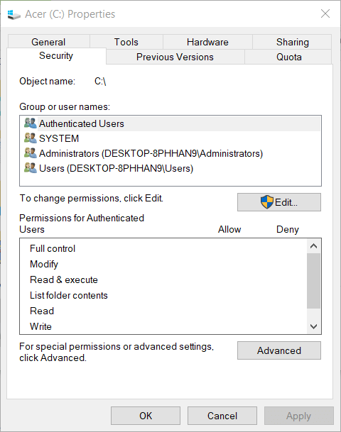 Draivi atribuutide aken Viga 0x80071771 Windows 10-s