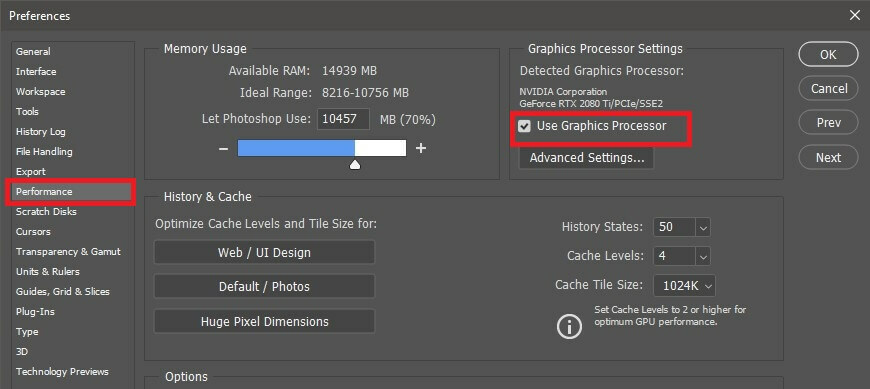 Adobe Photoshop išjungti grafikos procesorių