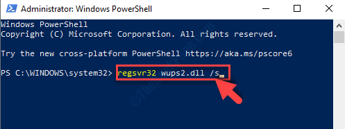 Powershell administratora režīma palaišanas komanda, lai pārreģistrētu Wups2.dll faila ievadi