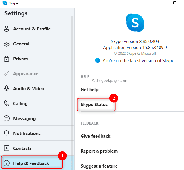 Skype-Einstellungen Hilfe Feedback Skype-Status prüfen Min