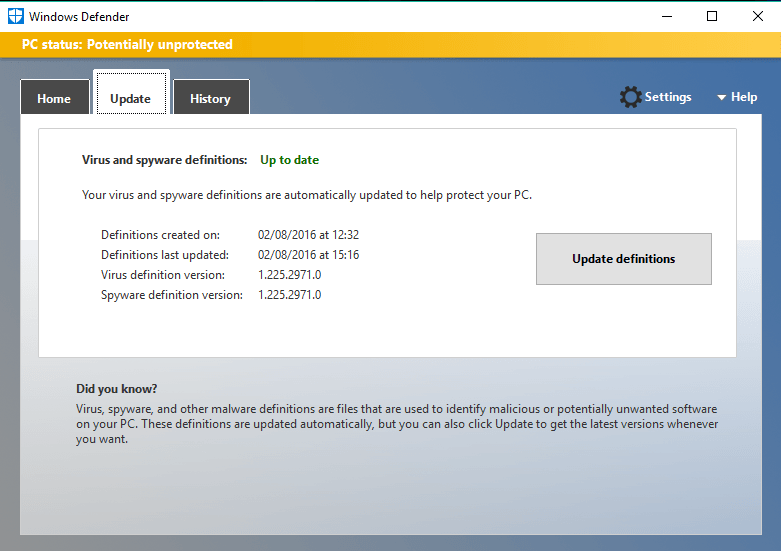 Актуализация на Windows Defender KB2267602, издадена преди Windows 10 v1607