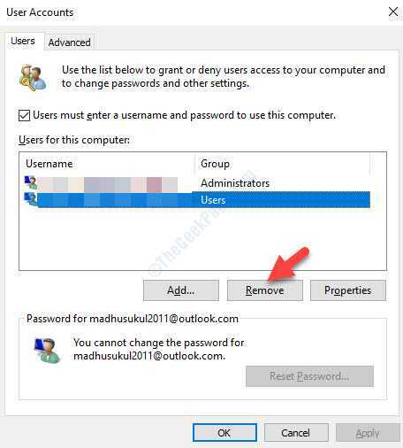 Uporabniški računi Uporabniški zavihek Uporabniki za ta računalnik Izberite račun Odstrani