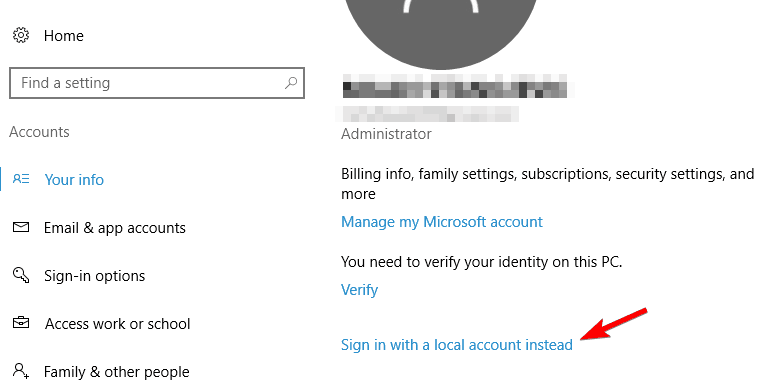 connectez-vous avec un compte local à la place des paramètres de compte Outlook 