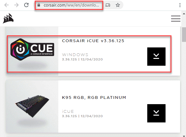 דף ההורדות הרשמי של הדפדפן Corsair לחץ על הגרסה האחרונה