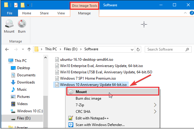 Alternativ können Sie die ISO-Datei im Datei-Explorer auswählen und auf der Registerkarte „Disc-Image-Tools“ | auf die Schaltfläche „Mount“ klicken Hyper V bootet nicht von ISO