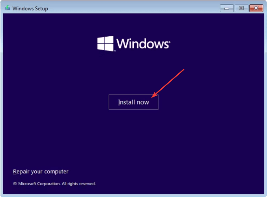 spustelėdami įdiegti dabar Windows sąranka