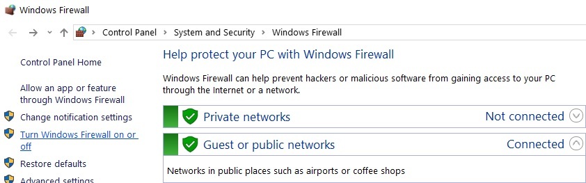 disattiva il firewall di Windows