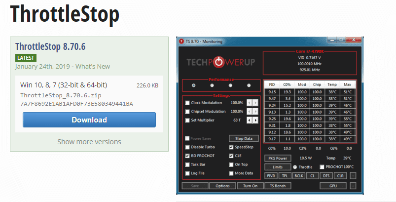 ThrottleStop - povrchová kniha 2, pomalý výkon, keď je odpojený