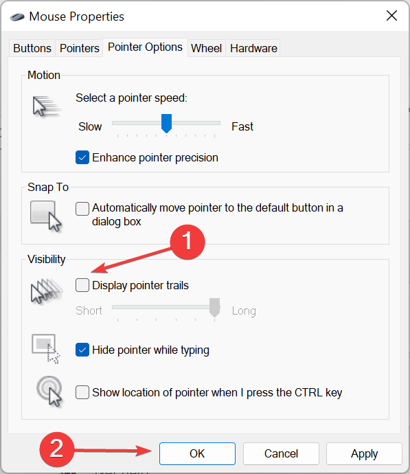 Désactiver la piste du pointeur d'affichage pour corriger le décalage de la souris Bluetooth Windows 11