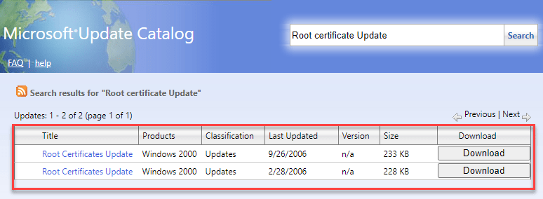 Pagina cu rezultate a catalogului Microsoft Update Faceți clic pentru a descărca în funcție de versiunea computerului dvs. Min