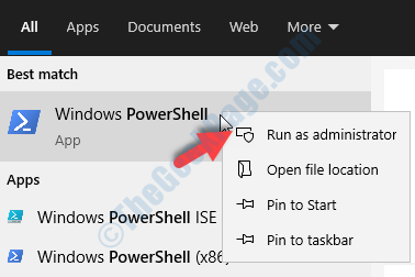Työpöydän Käynnistä haku Powershell Windows Powershell Napsauta hiiren kakkospainikkeella Suorita järjestelmänvalvojana