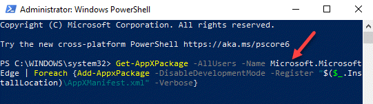 Windows Powershell (järjestelmänvalvoja) Suorita komento Rekisteröi Edge Enter