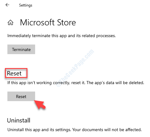 Кнопка сброса сброса в Microsoft Store