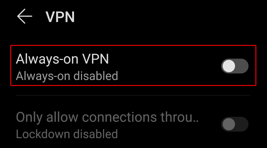 Androidは常時接続のVPNオプションを表示します