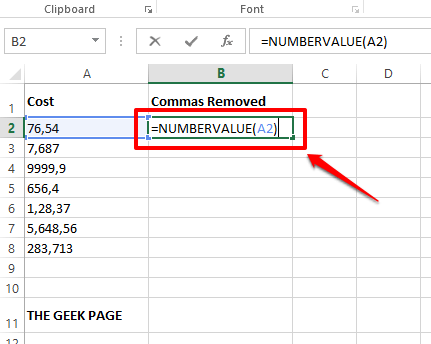 Pilkkujen poistaminen numeroarvoista ja tekstiarvoista Excelissä
