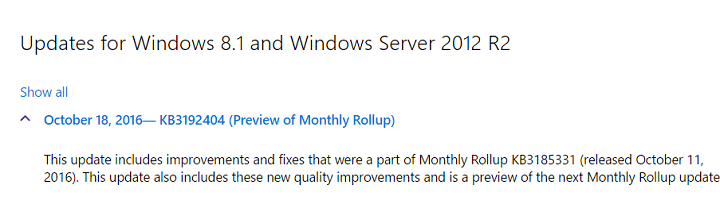 Lanzamiento de la actualización acumulativa mensual KB3192404 para Windows 8.1