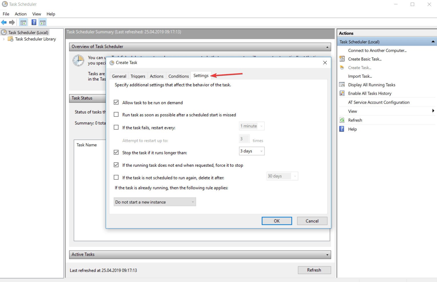 configuración del programador de tareas de windows 10