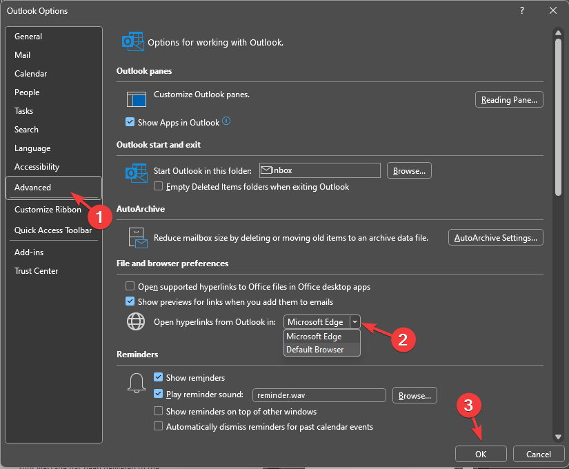 Параметри Outlook - швидко змініть браузер за замовчуванням в Outlook