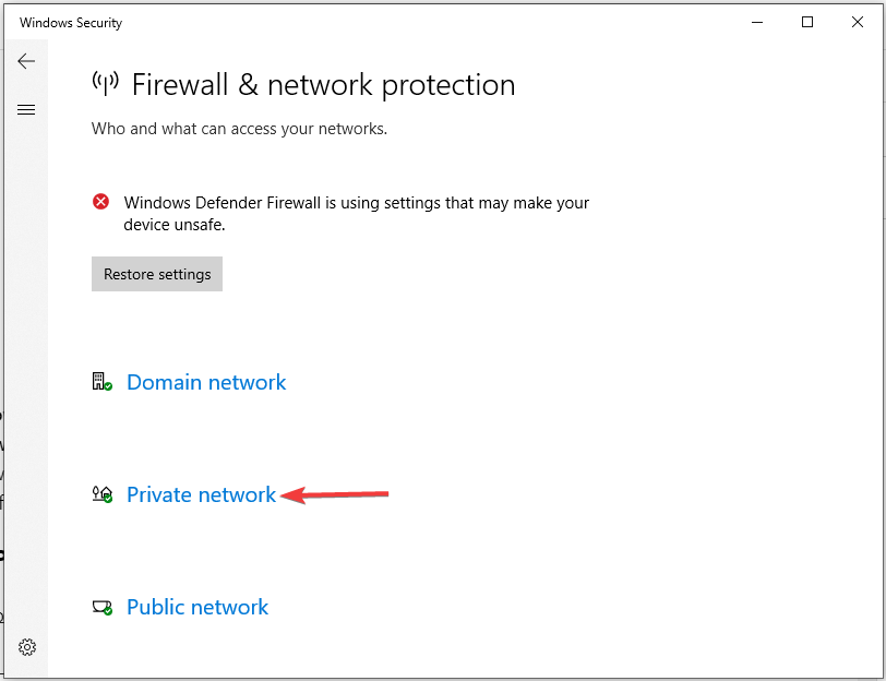 síťový profil brány firewall systému Windows