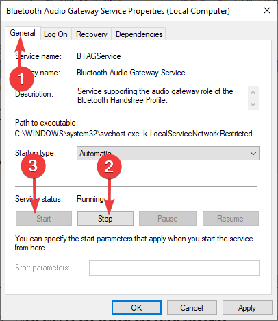 Apturēt un palaist pakalpojumus — Windows 11 automātiski savieno Bluetooth