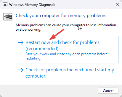memory-diag-tool 3 - Restartējiet tūlīt un pārbaudiet, vai nav problēmu, pēc tam dators tiks restartēts.