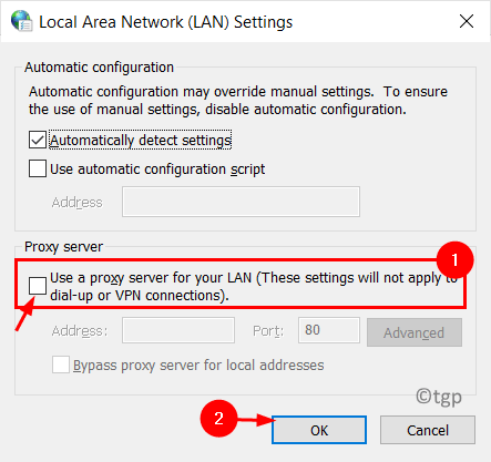 Impostazioni LAN Deseleziona Server Proxy Min