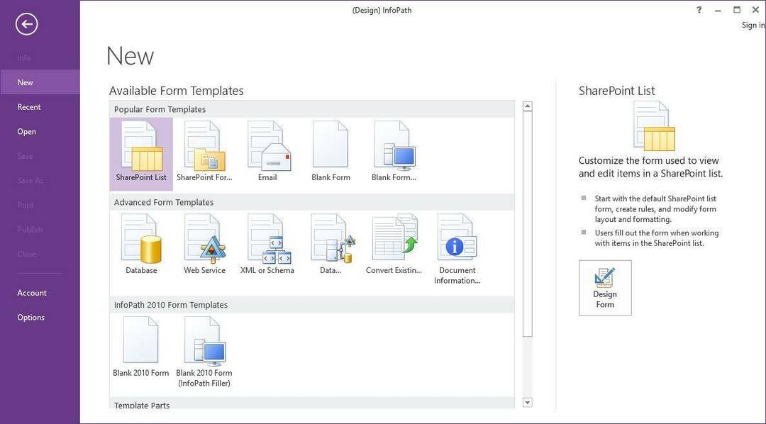 Microsoft-Infopath-Hauptbildschirm