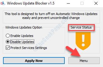 Menu stanu usługi blokowania aktualizacji systemu Windows