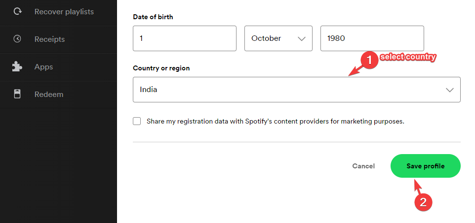 seleziona il paese nel profilo Spotify