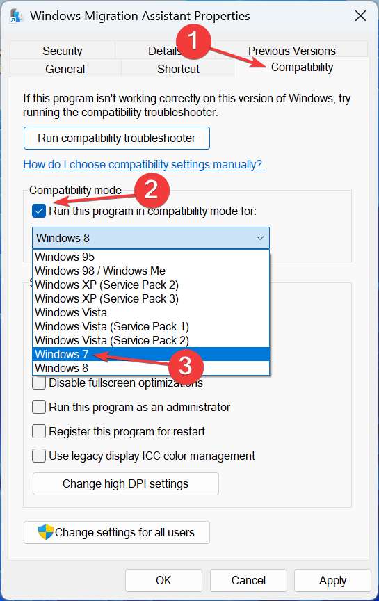 режим совместимости для исправления неработающего помощника по миграции Windows