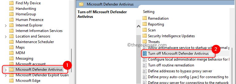 Sélectionnez Microsoft Defender Antivirus Désactiver les paramètres Min