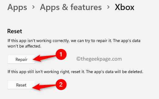 Apps-ominaisuudet Xboxin korjaus Reset Min
