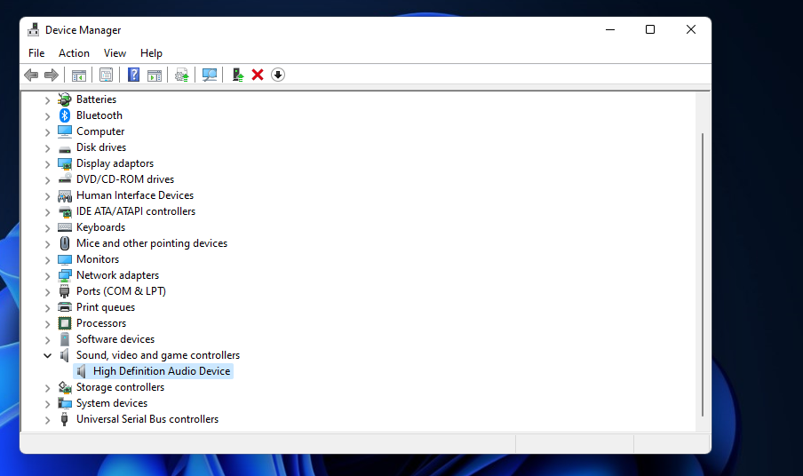 사운드, 비디오 및 게임 컨트롤러 카테고리 출력 장치를 찾을 수 없음 Windows 11