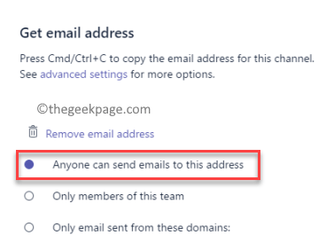 Configuración avanzada de Teams Obtener dirección de correo electrónico Cualquiera puede enviar correos electrónicos a esta dirección Mín.
