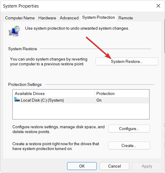 system-restore-button Windows 11 -virhe järjestelmäsäikeen poikkeusta ei käsitellä