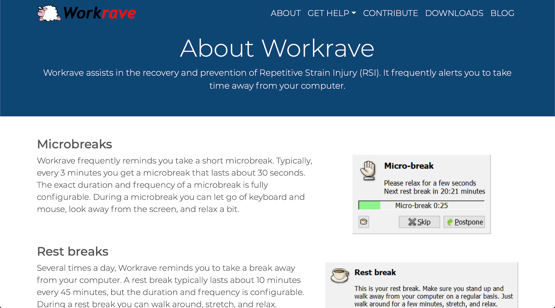 WorkRave-ohjelmisto, joka muistuttaa sinua pitämään taukoja