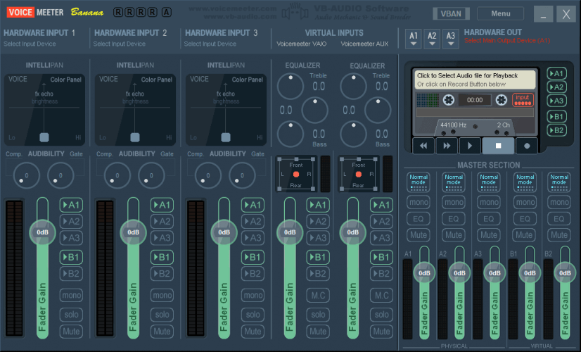 Pagrindinis „Voicemeeter Banana“ langas