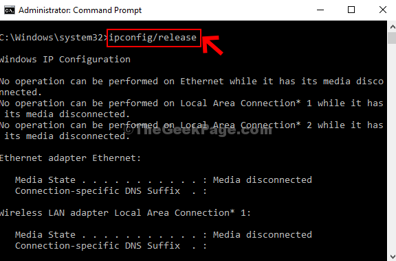 Suorita Command Ipconfig Release Enter
