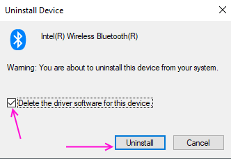 Confirmação de desinstalação do driver Bluetooth