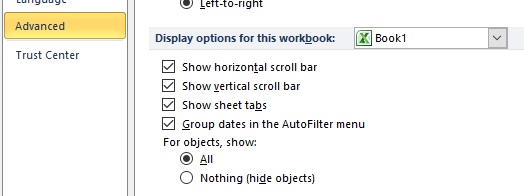 Показване на опция за вертикална лента за превъртане Excel файлът няма да се превърта надолу