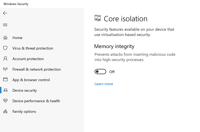 Wyłącz integralność pamięci w obszarze Core Isolation w Windows Security, jeśli VMware nie działa w systemie Windows 10