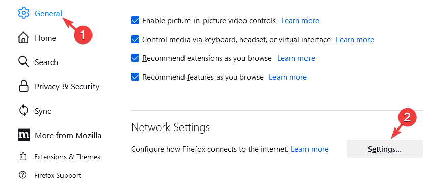 Pengaturan jaringan Firefox