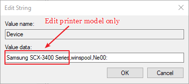 Поле значений данных мой принтер не может быть установлен по умолчанию