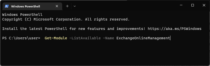WindowsTerminal — Get-Module — ListAvailable — Name ExchangeOnlineManagement