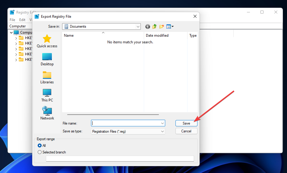 Okno Exportovať súbor databázy Registry poškodené položky databázy Registry windows 11