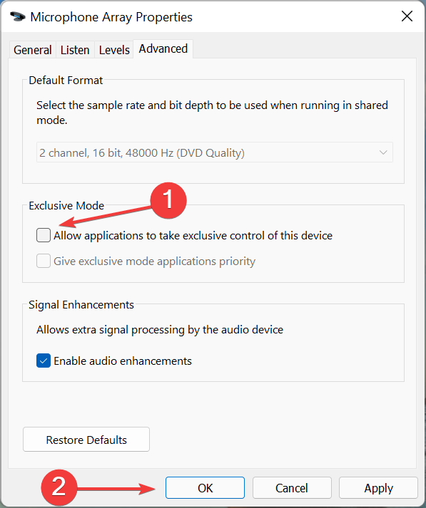 Вимкніть ексклюзивний режим, щоб виправити непрацюючий мікрофон Discord у Windows 11