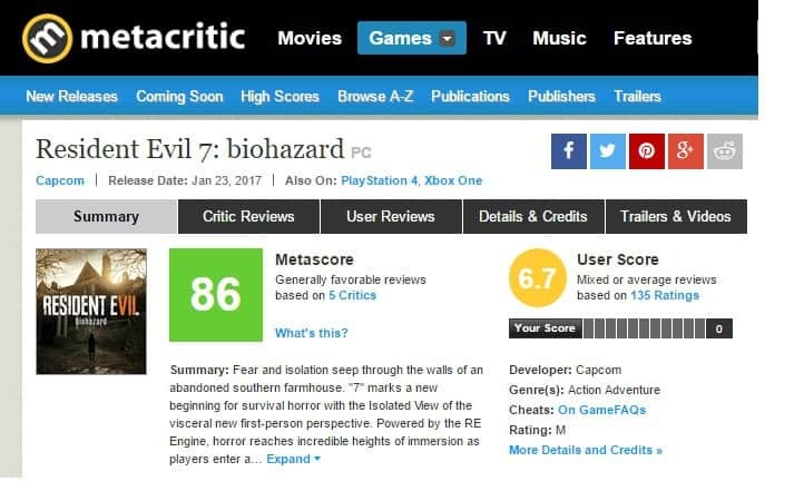 Resident Evil 7 Biohazard zklame skóre 6,7 Metacritic