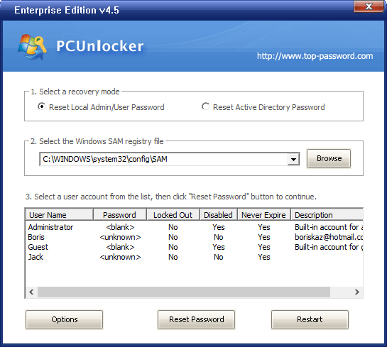 Glemt Windows 10 admin-adgangskode PCUnlocker