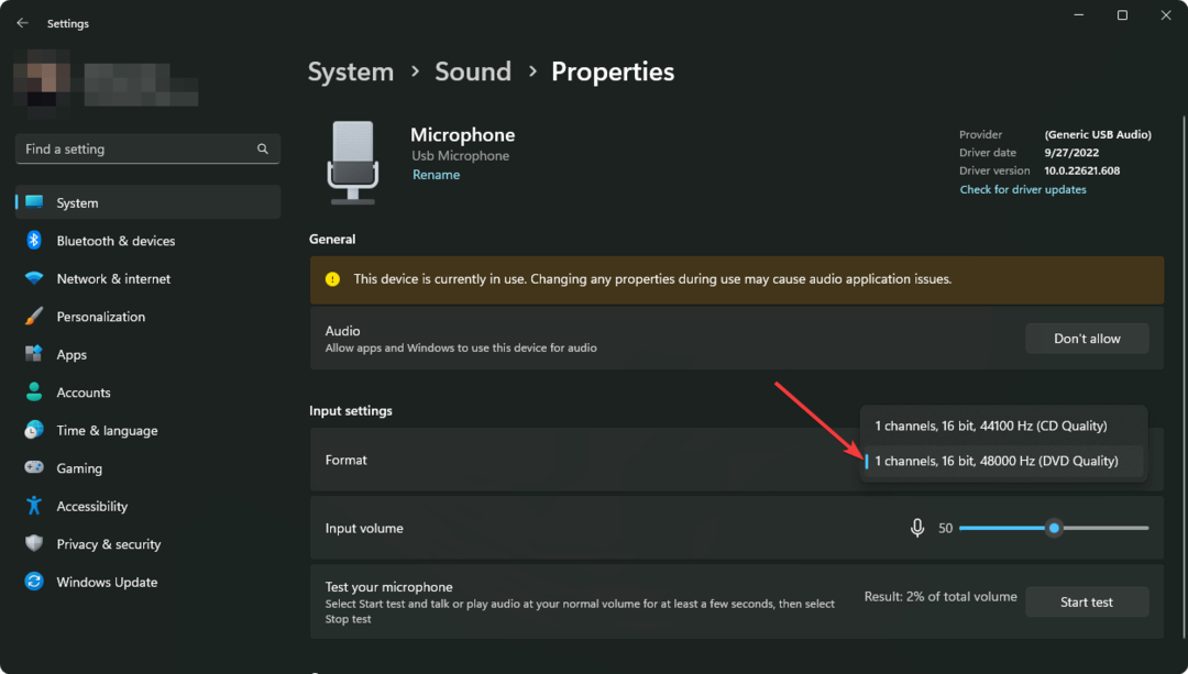 podešavanje audio formata mikrofona postavke sustava Windows 11